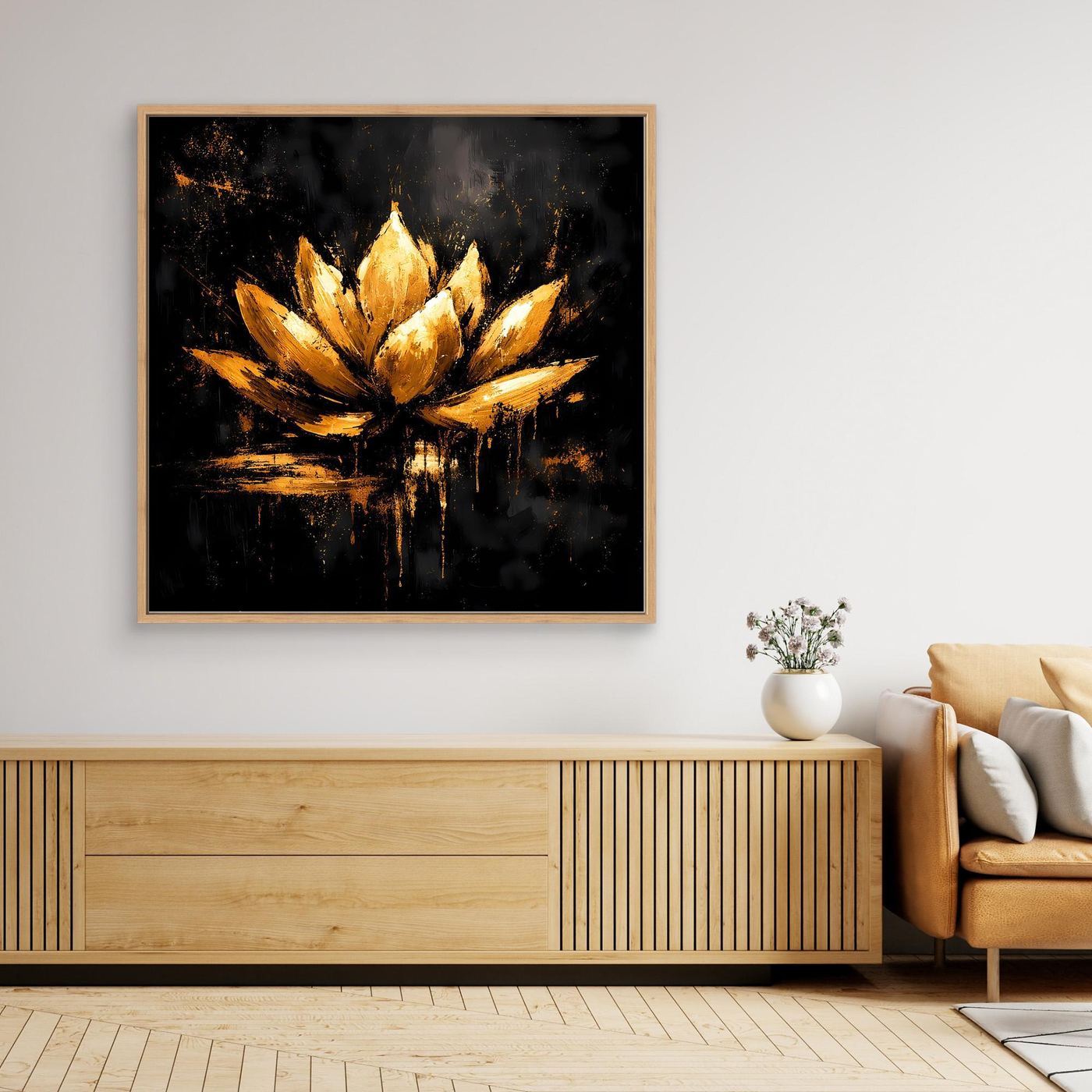 Leinwand Goldene Lotusblüte auf Schwarz | Abstraktes Meditations Wandbild
