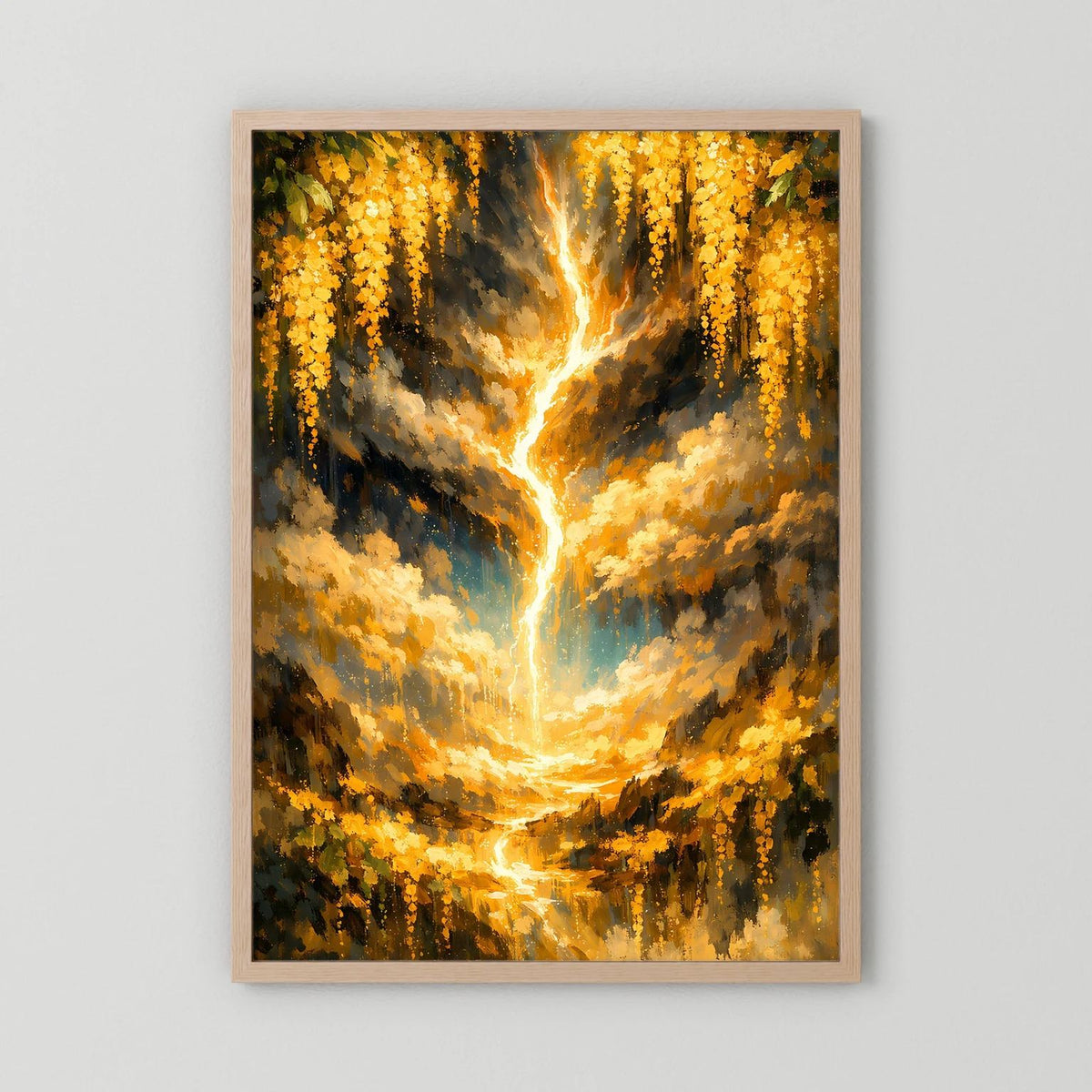 Hochformat-Poster mit goldenem Lebensbaum und flammendem Lichtschein, auf hellem Holzrahmen