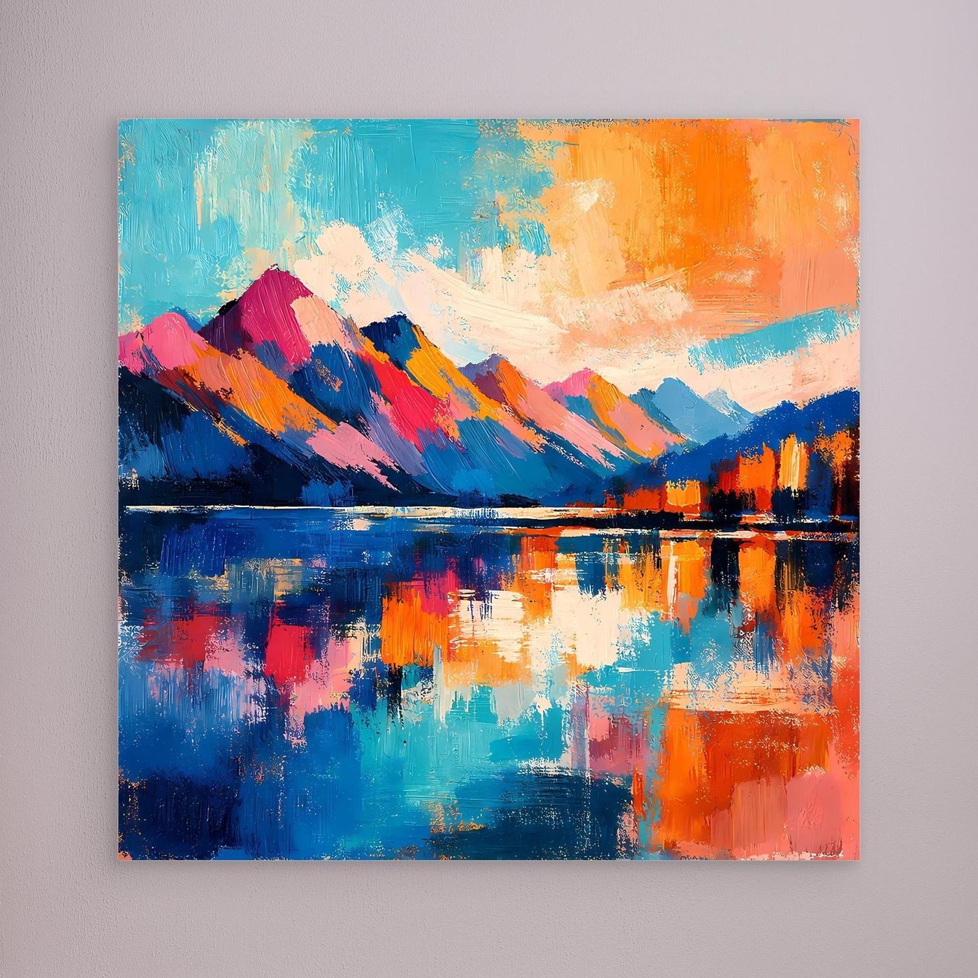 Leinwandbild mit abstrakter Berglandschaft und Spiegelung im See in türkis und orange