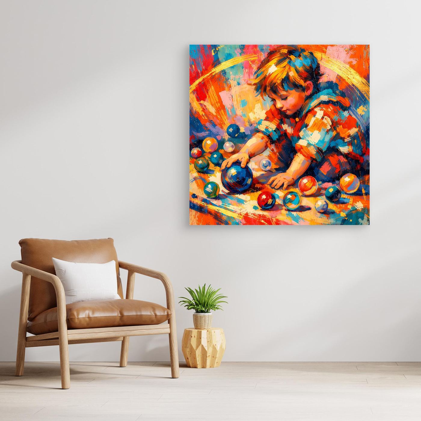 Leinwandbild: farbenfrohes abstraktes Portrait eines Kindes mit bunten Kugeln