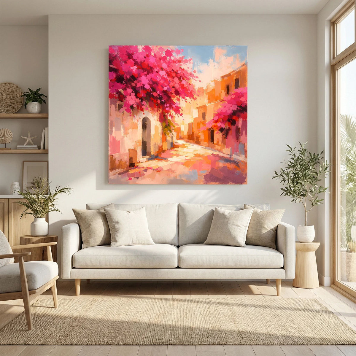 Leinwandbild Blick in die Gasse mit Pflasterweg, rosa Blüten und warmen Orange-Tönen