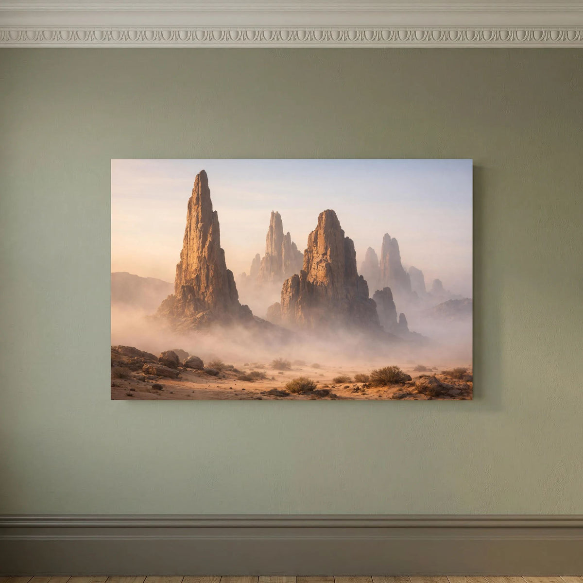 Querformatiges Wandbild mit Felsformationen in der Wüste, umhüllt von Nebel