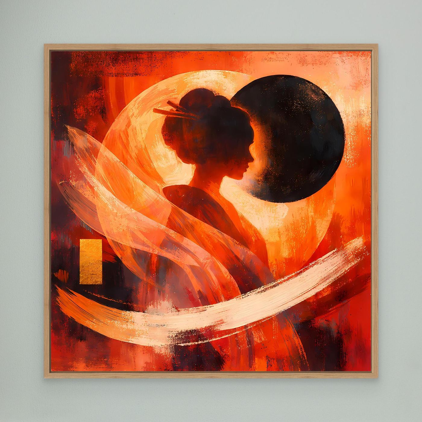 Leinwandbild mit Geisha-Silhouette und großer Kreisform, heller Holzrahmen