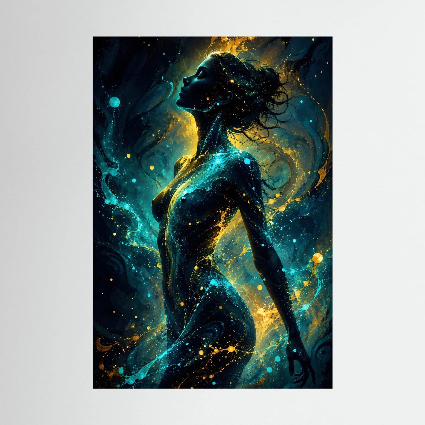 Hochformatiges Poster mit abstrakter Silhouette einer Frau in Türkis und Gold, ohne Rahmen