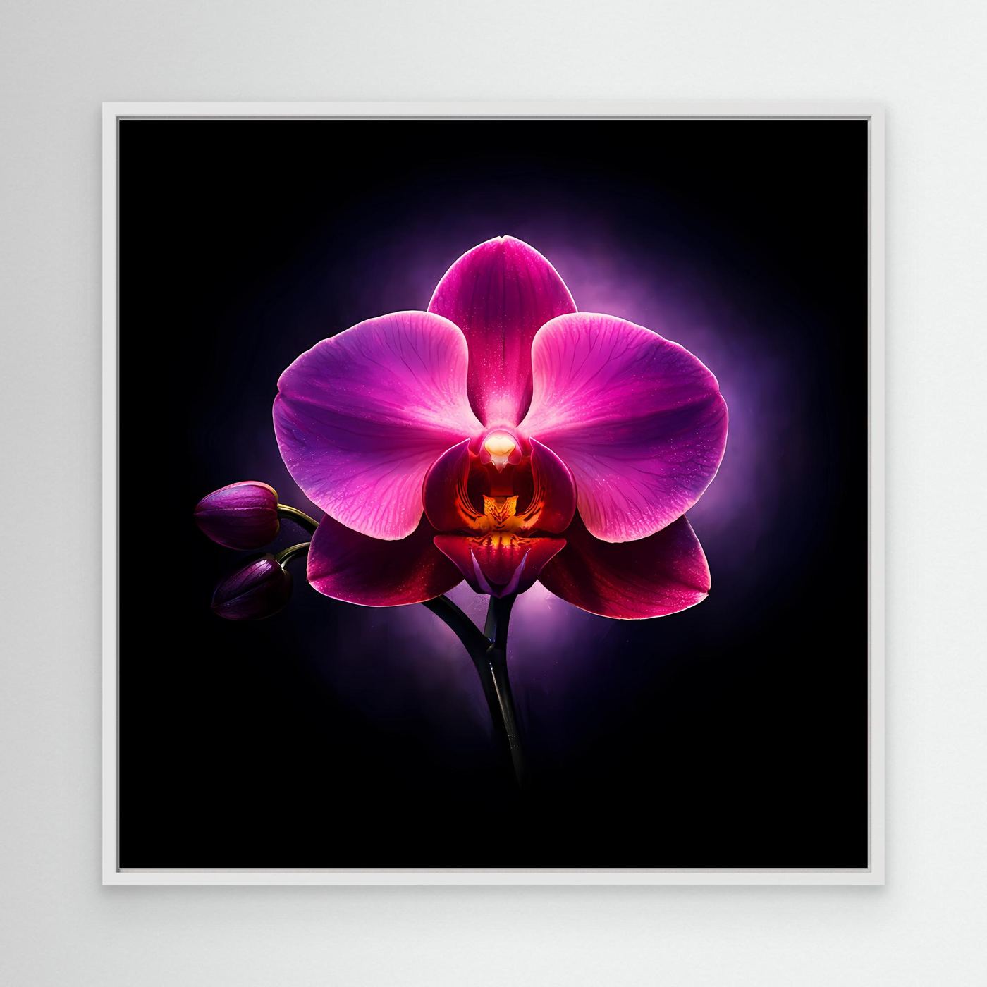 Leinwandbild mit abstrakter Orchidee, pink-lila Blüte, mit weißem Rahmen