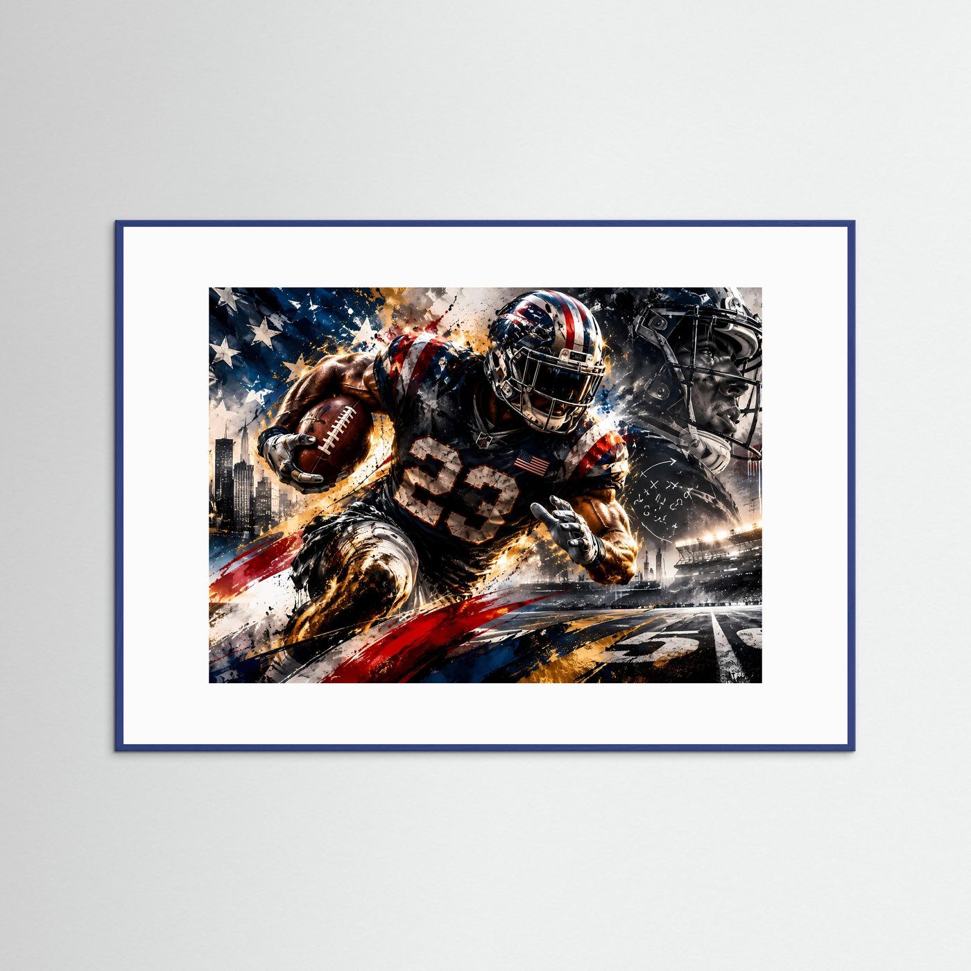 Poster im Querformat mit American-Football-Spieler in Aktion, blauer Holzrahmen