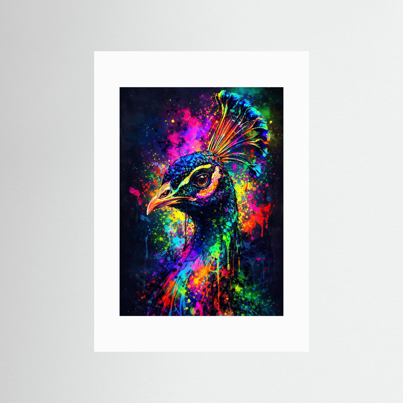 Pfau-Poster mit buntem Farbexplosions-Motiv, Pfauenporträt mit Federkrone, weißer Passepartout.