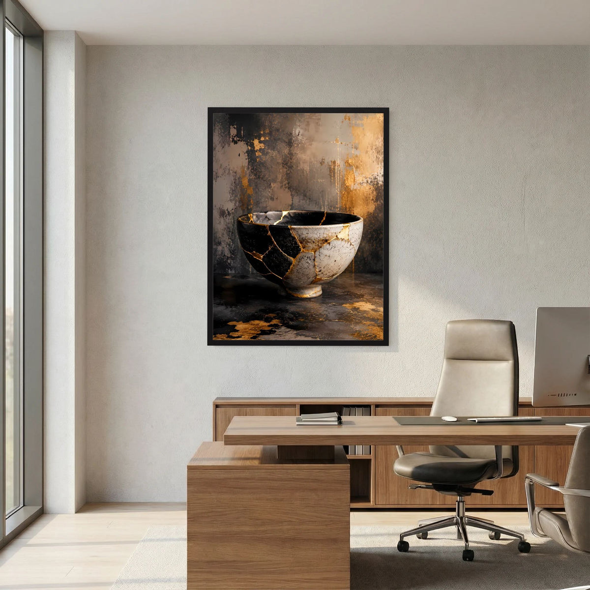 Gerahmtes Poster mit Kintsugi-Schale in Schwarz, Weiß und Gold, goldene Reparaturstellen