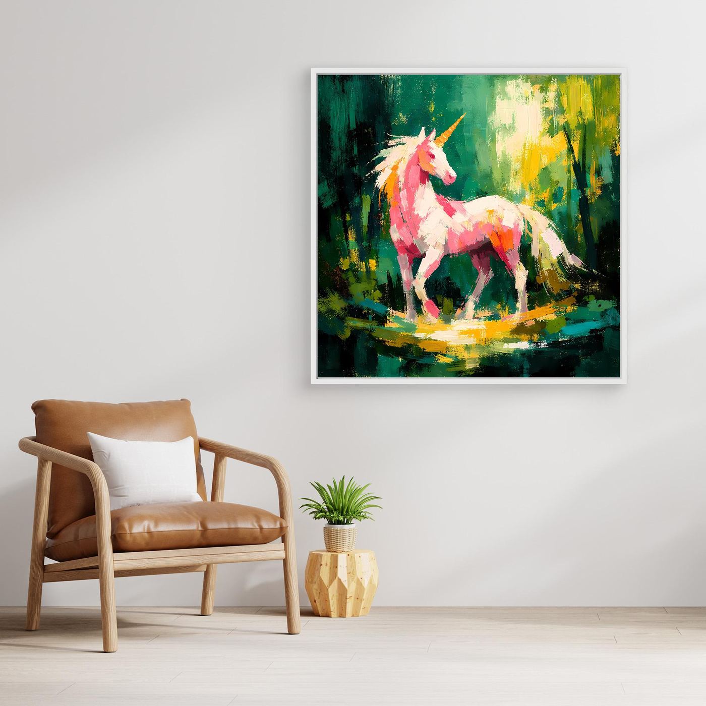 Leinwand Anmutiges Einhorn im Zauberwald | Abstraktes Fantasy & Natur Wandbild