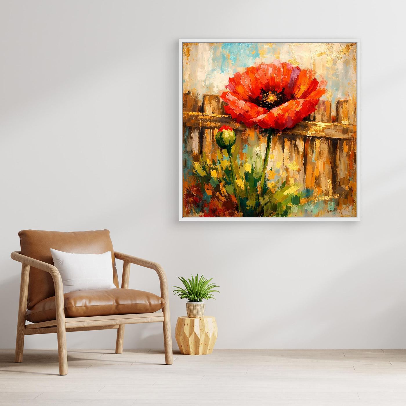 Gerahmtes Leinwandbild mit roter Mohnblume, warmes Farbschema und Pinseltextur