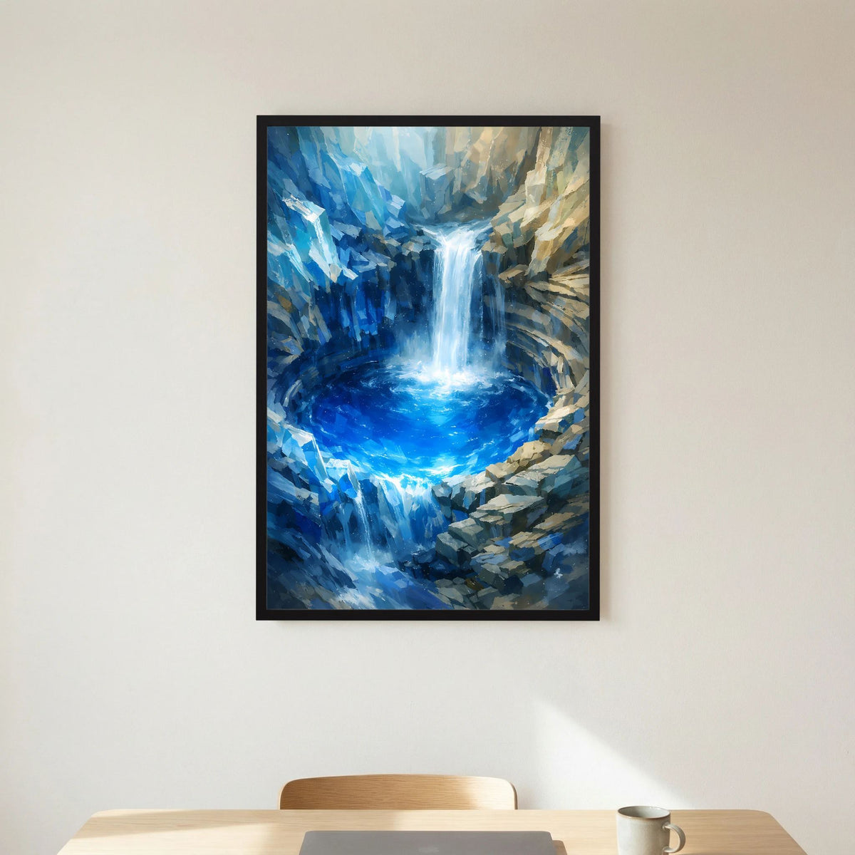 Poster im Hochformat mit abstraktem Wasserfall in Blau/Türkis, schwarzer Rahmen