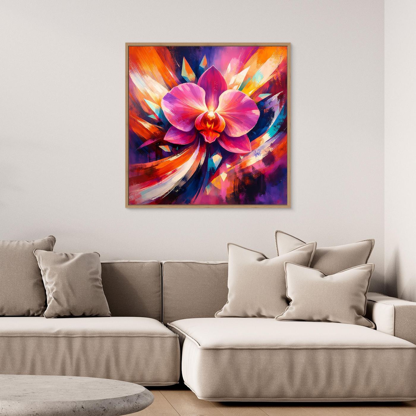 Gerahmtes Leinwandbild mit abstrakter Orchidee und Farbstrahl-Optik, bunt