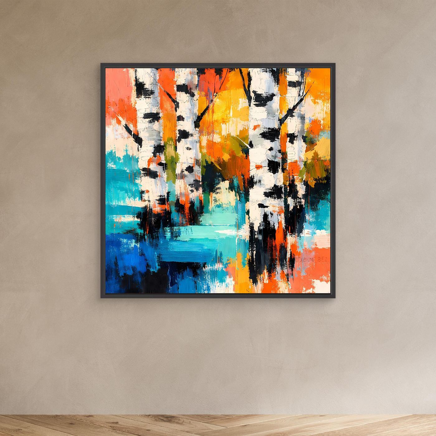 Abstract birch tree canvas wall art with black frame and colorful vertical brushstrokes