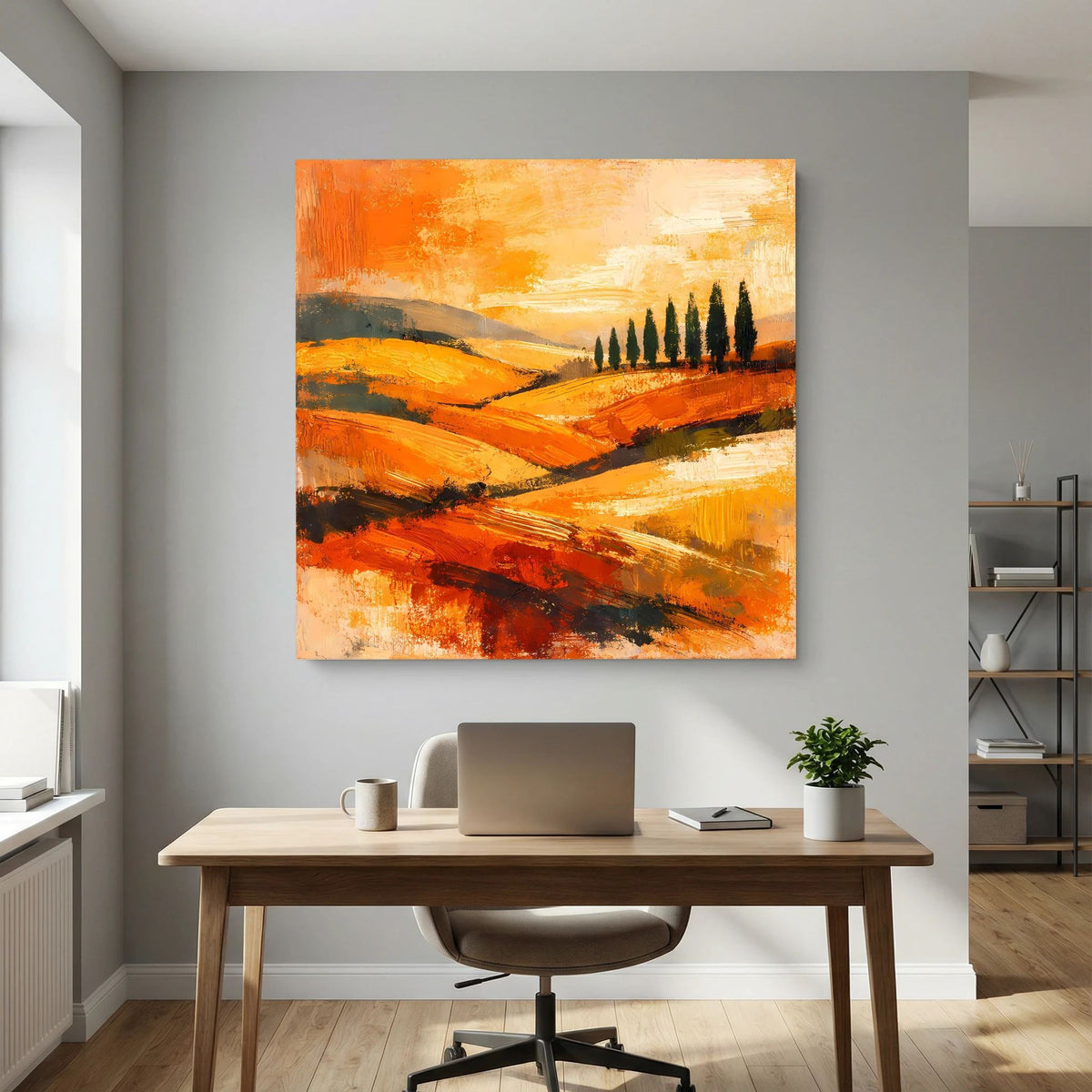 Leinwand-Wandbild mit Holzrahmen: farbintensive Hügellandschaft mit Zypressen und hellem Horizont.