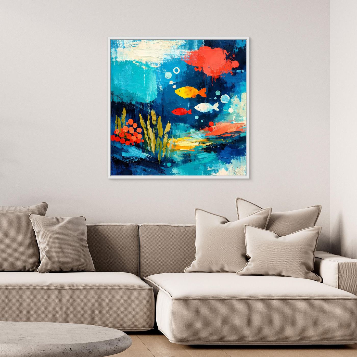 Abstract underwater wall art canvas with colorful fish, coral, and bubbles, unframed