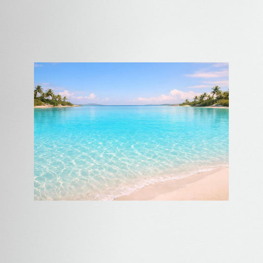 Strandposter im Panoramaformat mit kristallklarem türkisblauem Wasser, Sandstrand und Palmen
