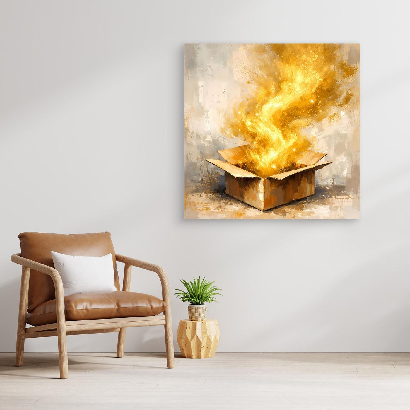 Premium Leinwand Magisches Leuchten aus der Box | Abstraktes Fantasy Wandbild Goldglorie