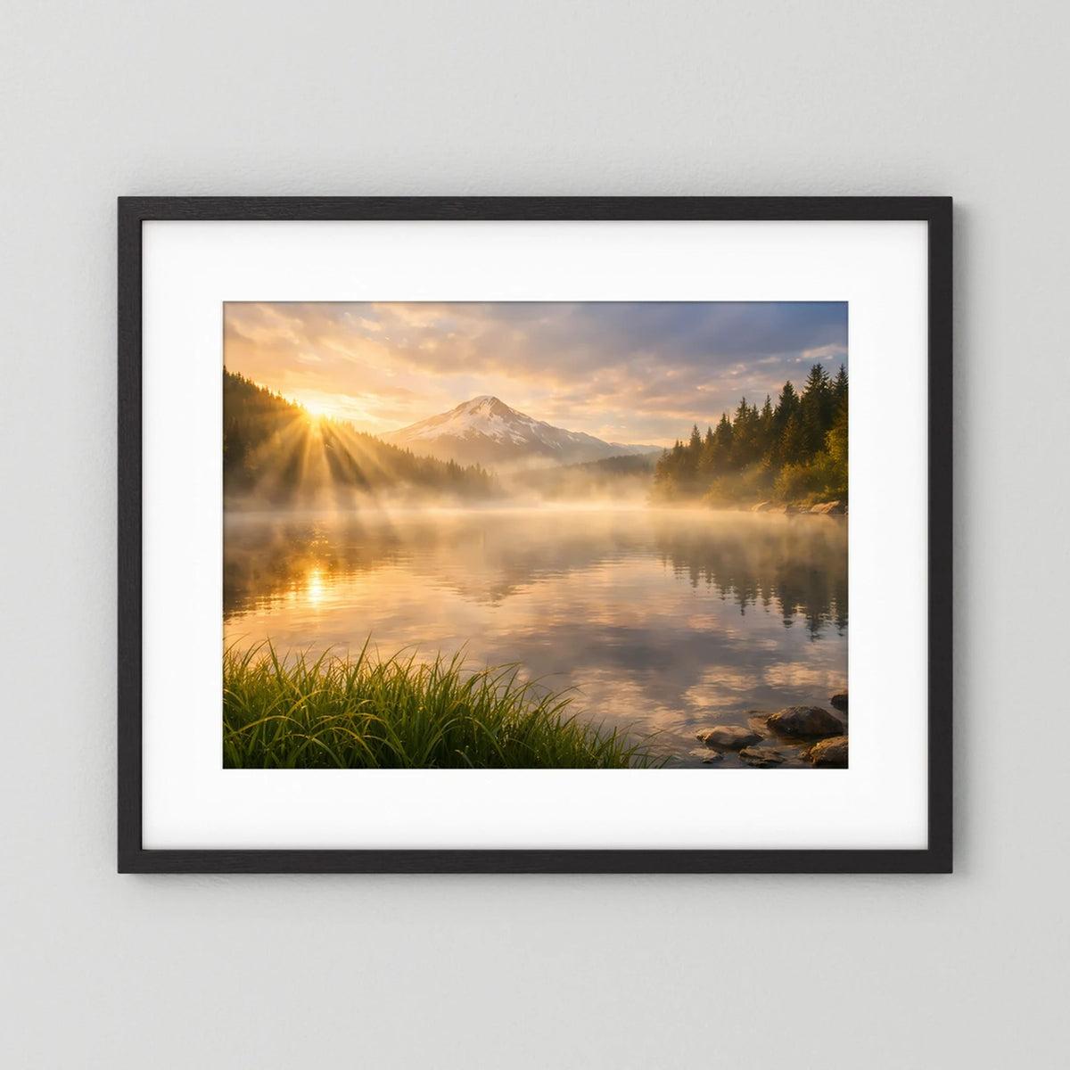 Querformatiges Wandbild mit schwarzem Rahmen und weißer Einfassung: See und Berge