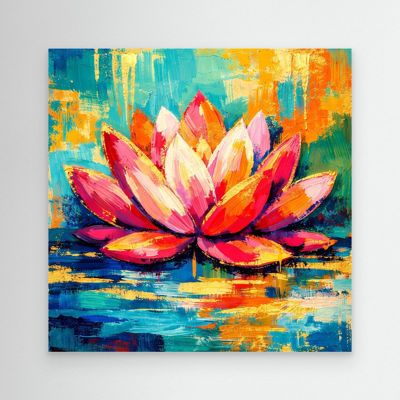 Abstraktes Lotus-Wandbild: bunte Blütenblätter auf türkis-gelbem Hintergrund
