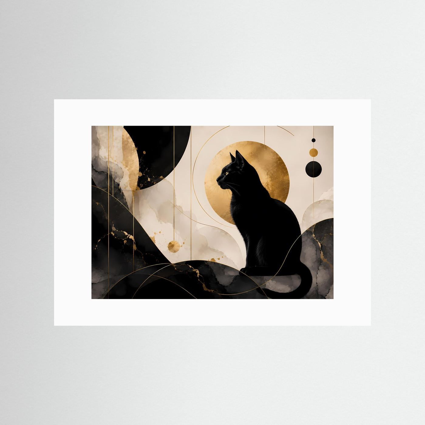 Schwarze Katze in Gold & Marmor | Elegante abstrakte Katzen Wandkunst