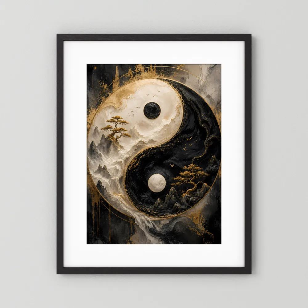 Vertikales Poster mit Yin-Yang-Motiv im schwarzen Rahmen mit weißem Rand, Schwarz-Gold, Berge