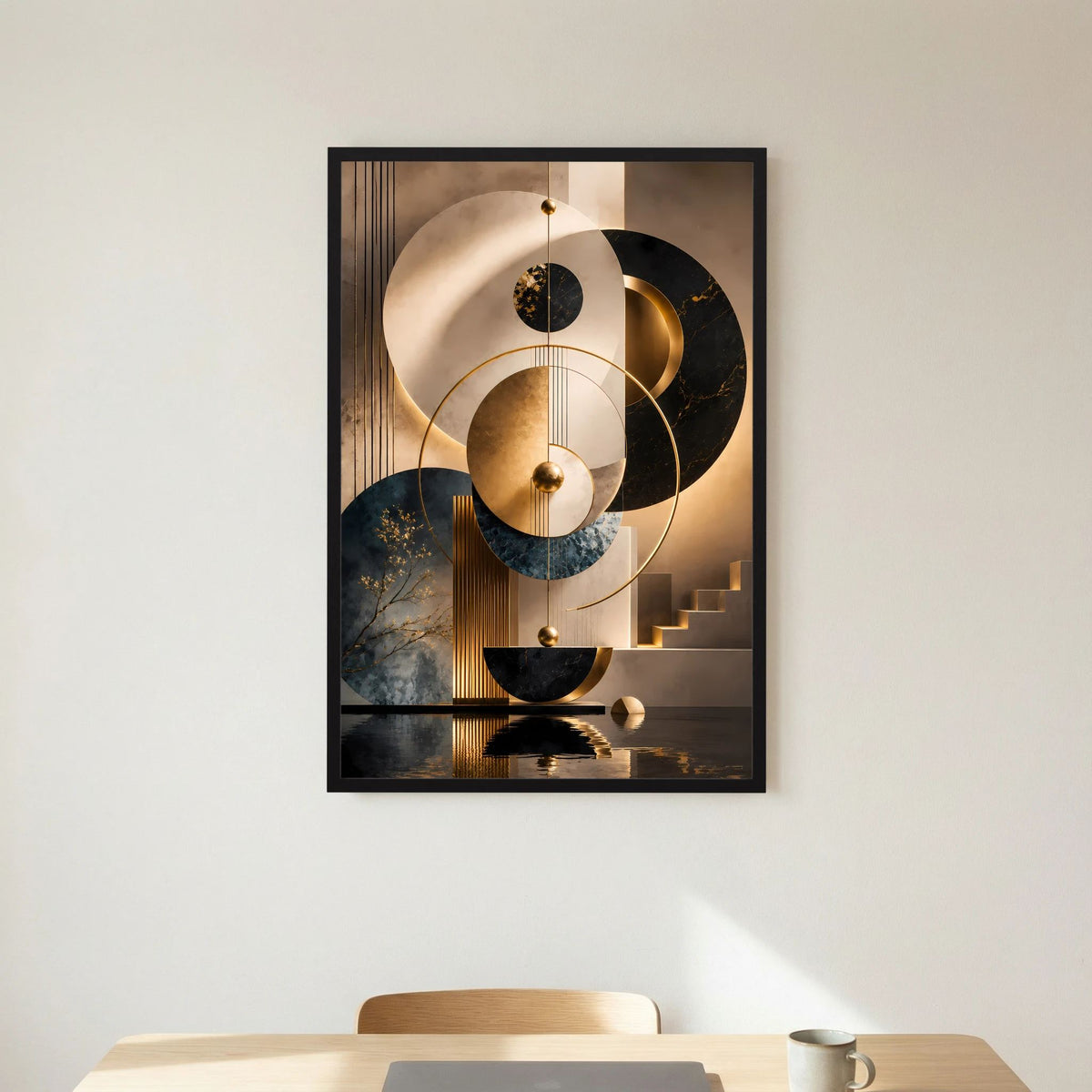 Gerahmtes Poster mit abstrakten Kreisen in Goldtönen, Schwarz und Petrol, Hochformat.
