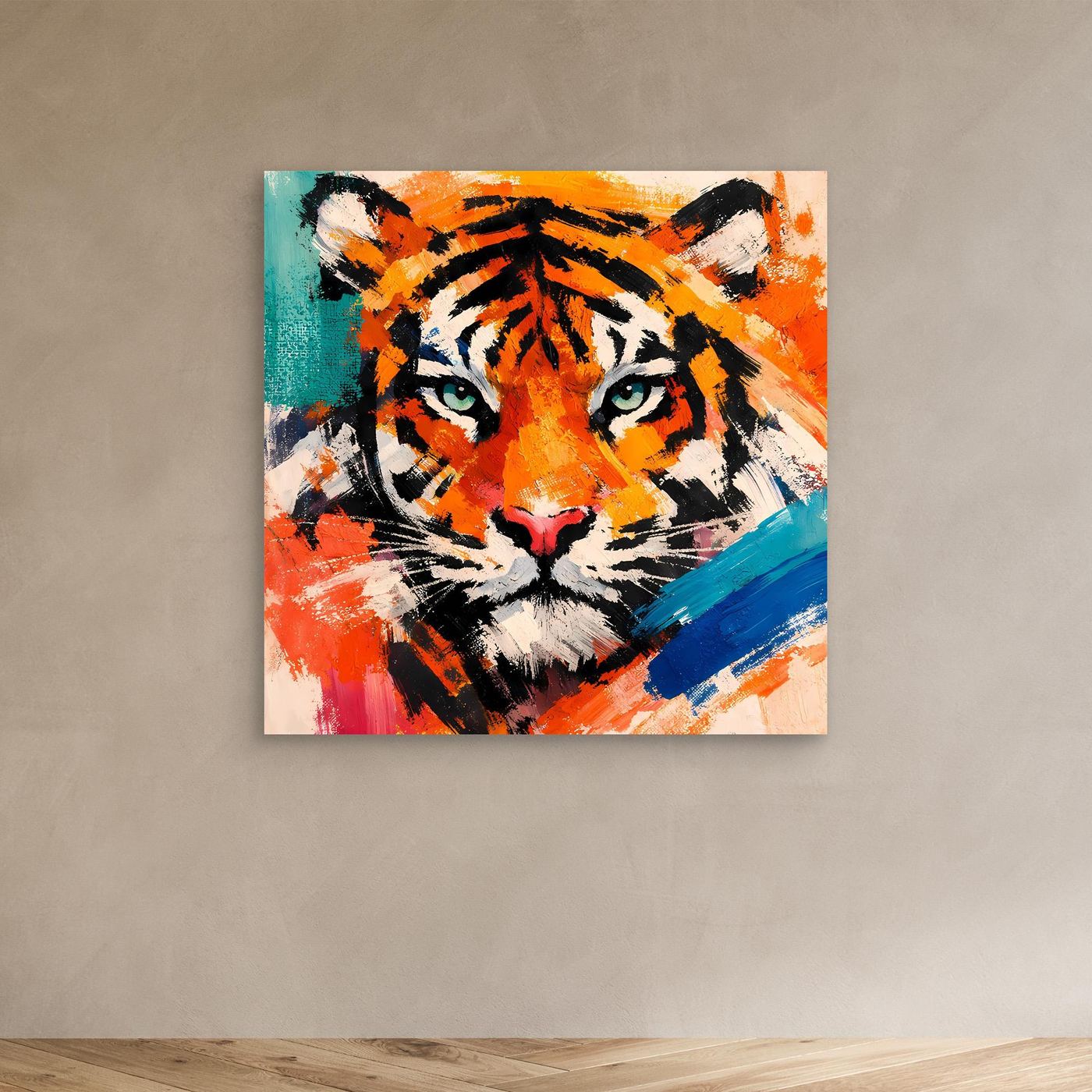 Abstract tiger wall art, orange tiger face with teal background and blue brushstroke accents