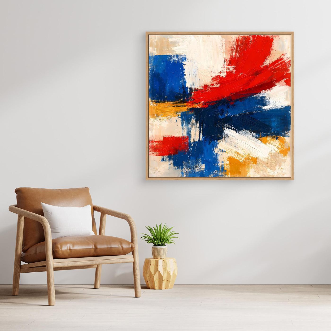 Abstract wall art canvas with blue, red, white, and yellow brush strokes; oak wood frame