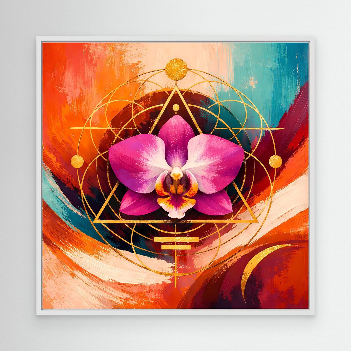 Leinwandbild mit pinker Orchidee und goldener Geometrie, mit weißem Rahmen