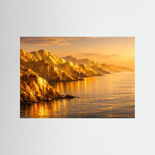 Meer-Poster im Querformat: goldene Küstenfelsen im Abendlicht, ohne Rahmen