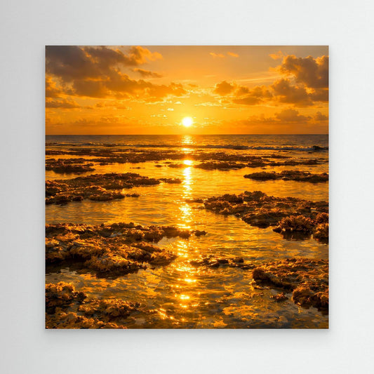 Leinwandbild: goldener Sonnenuntergang über dem Meer mit Felsen im Vordergrund.