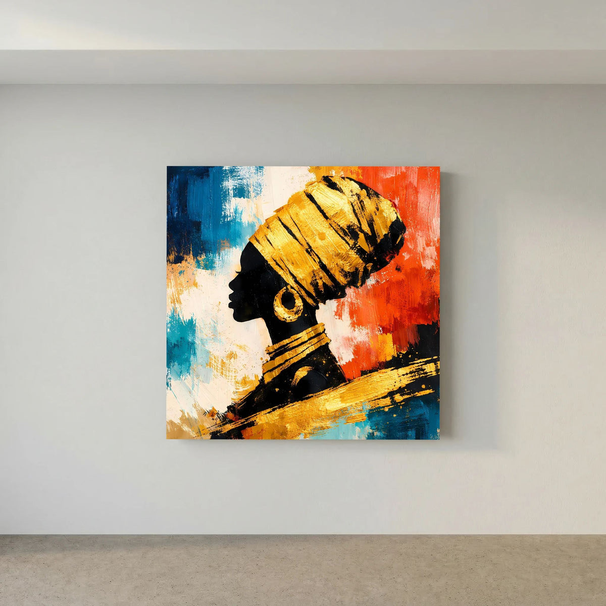 Leinwand-Wandbild mit abstraktem Kopfprofil in Blau, Rot und Gold, mittig an der Wand platziert