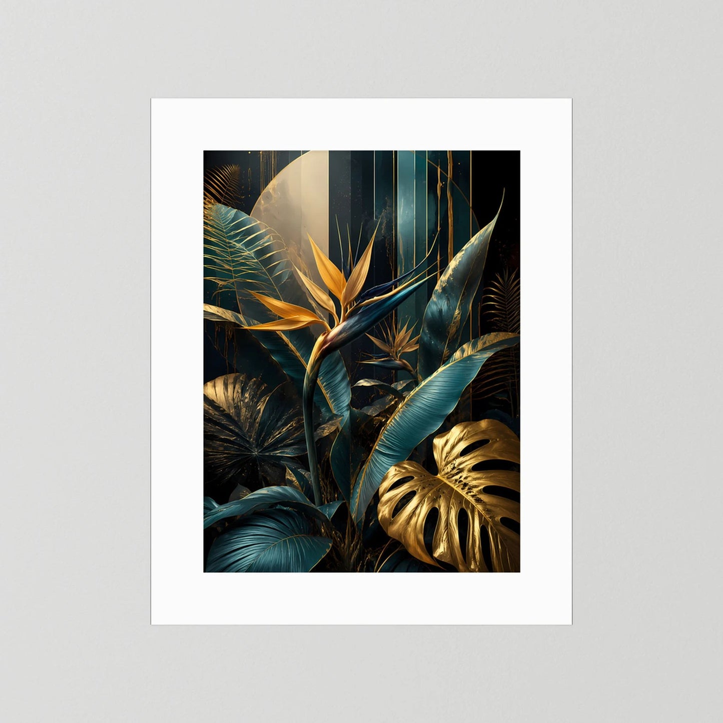 Poster mit tropischen Blättern in Petrol und Gold, weißer Rand
