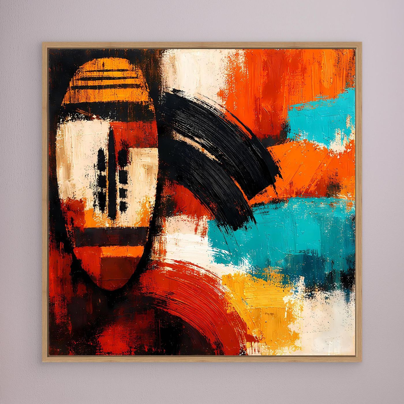 Abstract African mask wall art with bold red, orange, turquoise and black paint; wood frame