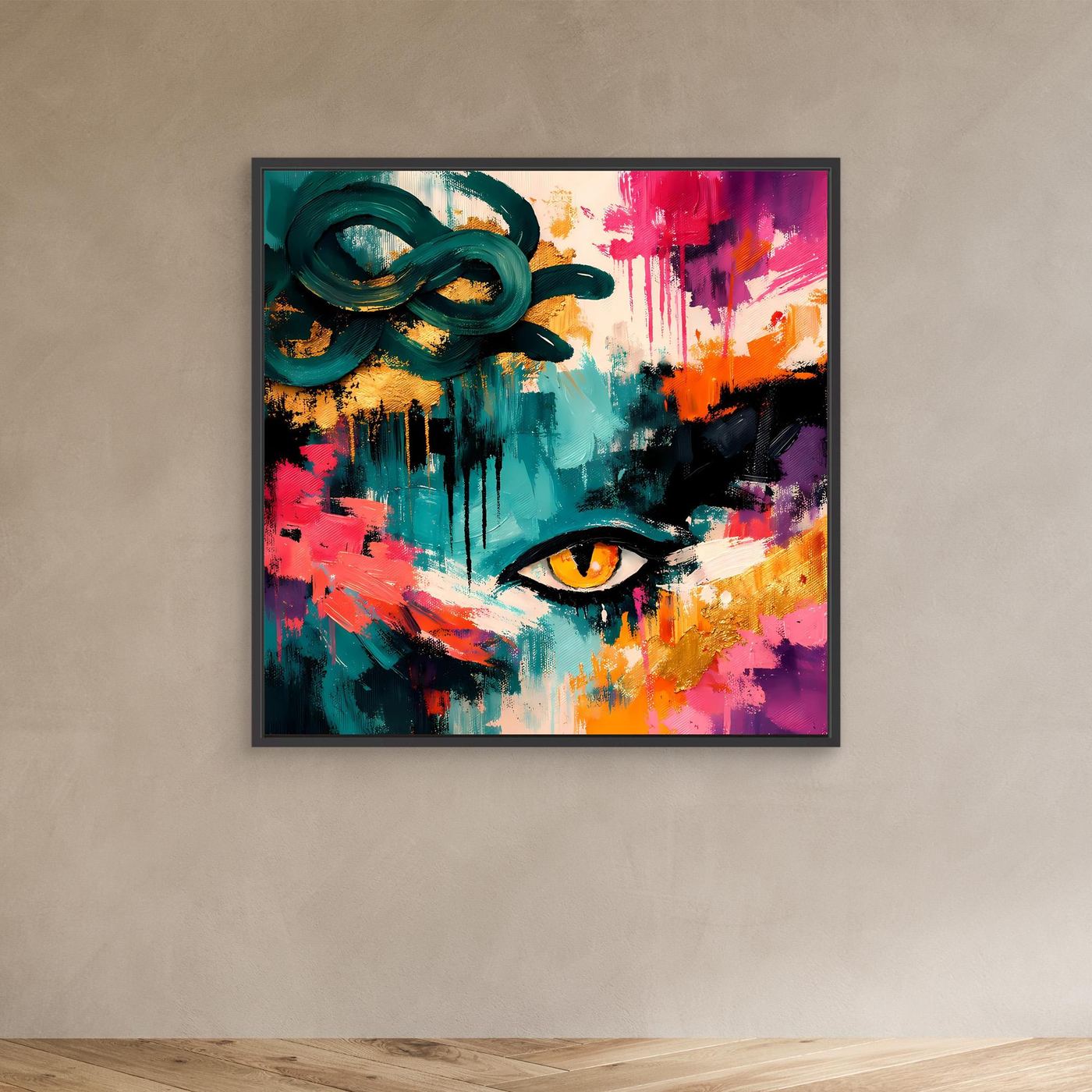 Gerahmtes Leinwandbild mit Medusa-Auge: gelbes Auge, buntes Street-Art-Design, dunkle Rahmenfarbe