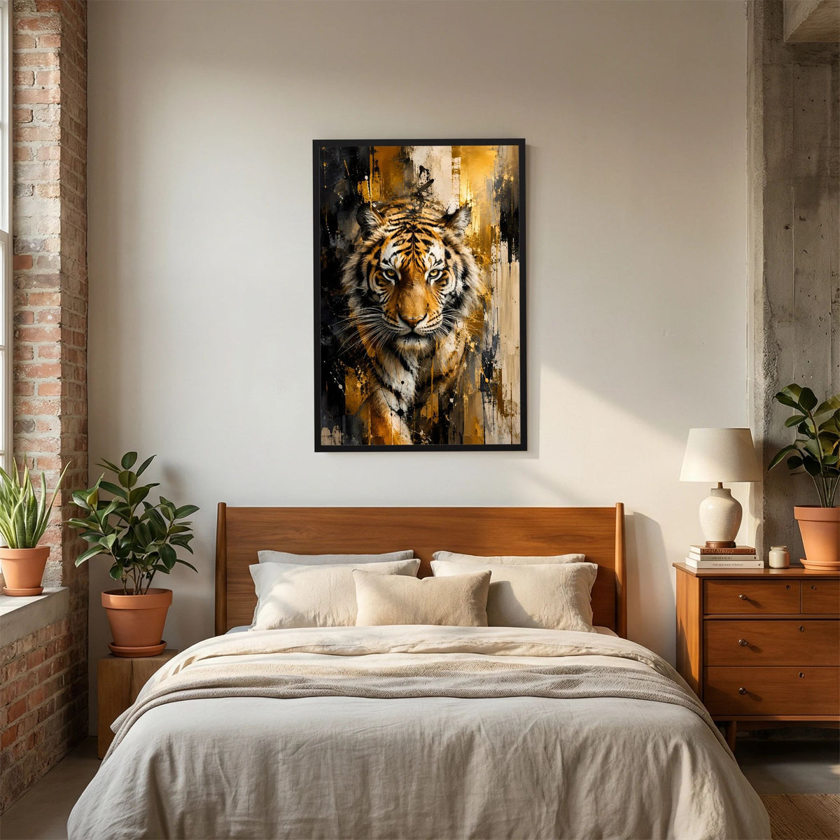 Tigerkunstposter im Hochformat mit schwarzem Rahmen, abstraktes Raubtierporträt in Gold und Schwarz.