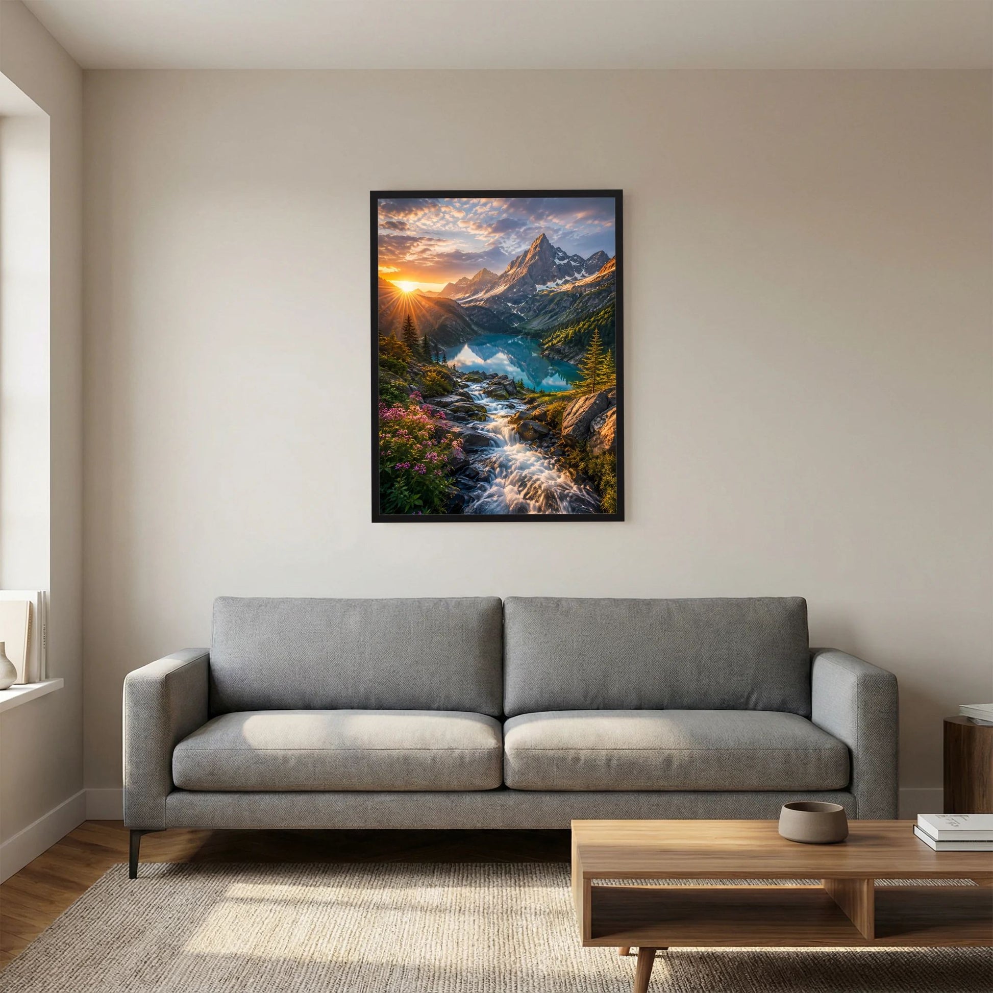 Hochformat-Wandposter: Bergsee mit türkisfarbenem Wasser und Wasserfall, schwarz gerahmt