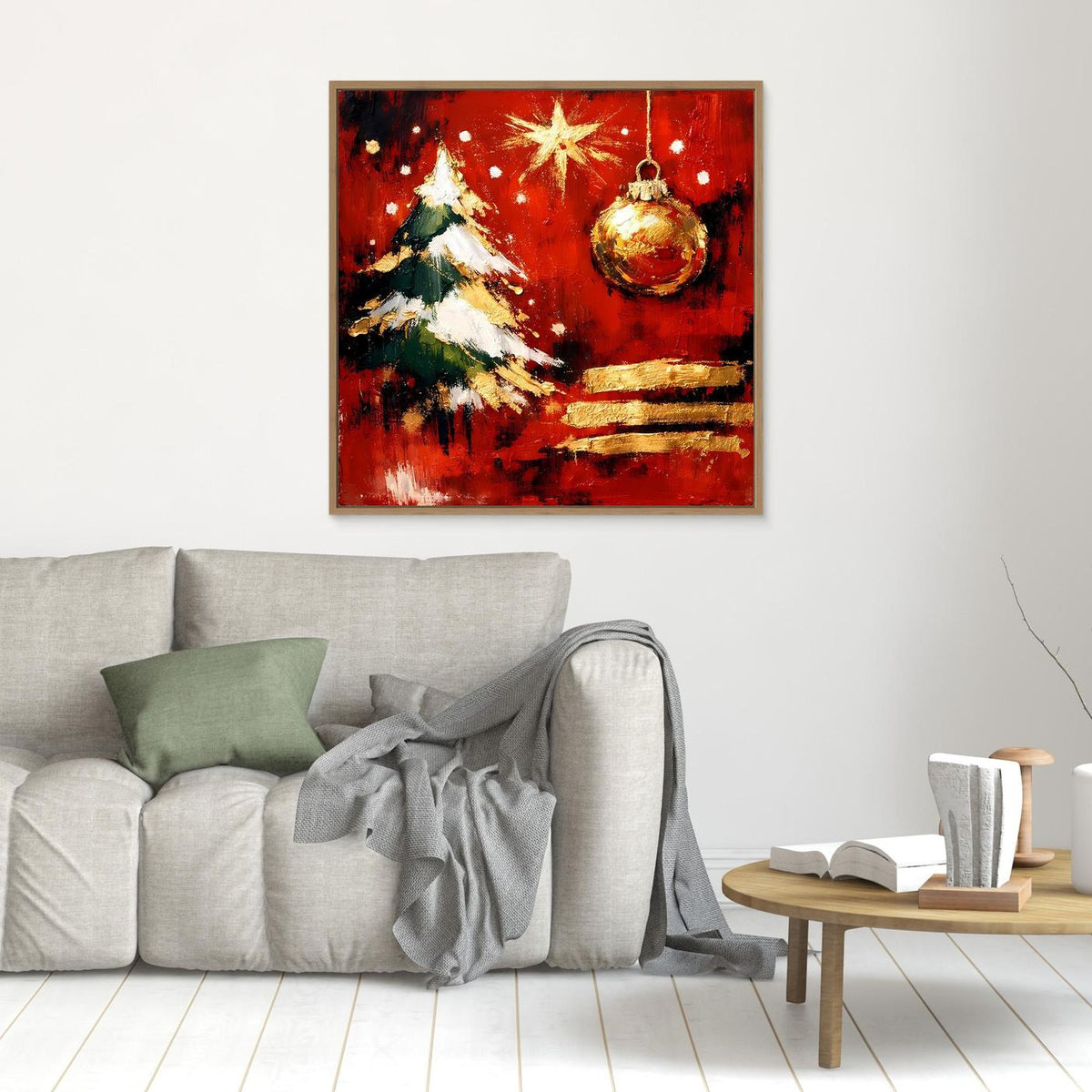 Gerahmtes Leinwand-Wandbild: kleiner abstrakter Weihnachtsbaum in Rot und Gold, brauner Holzrahmen.