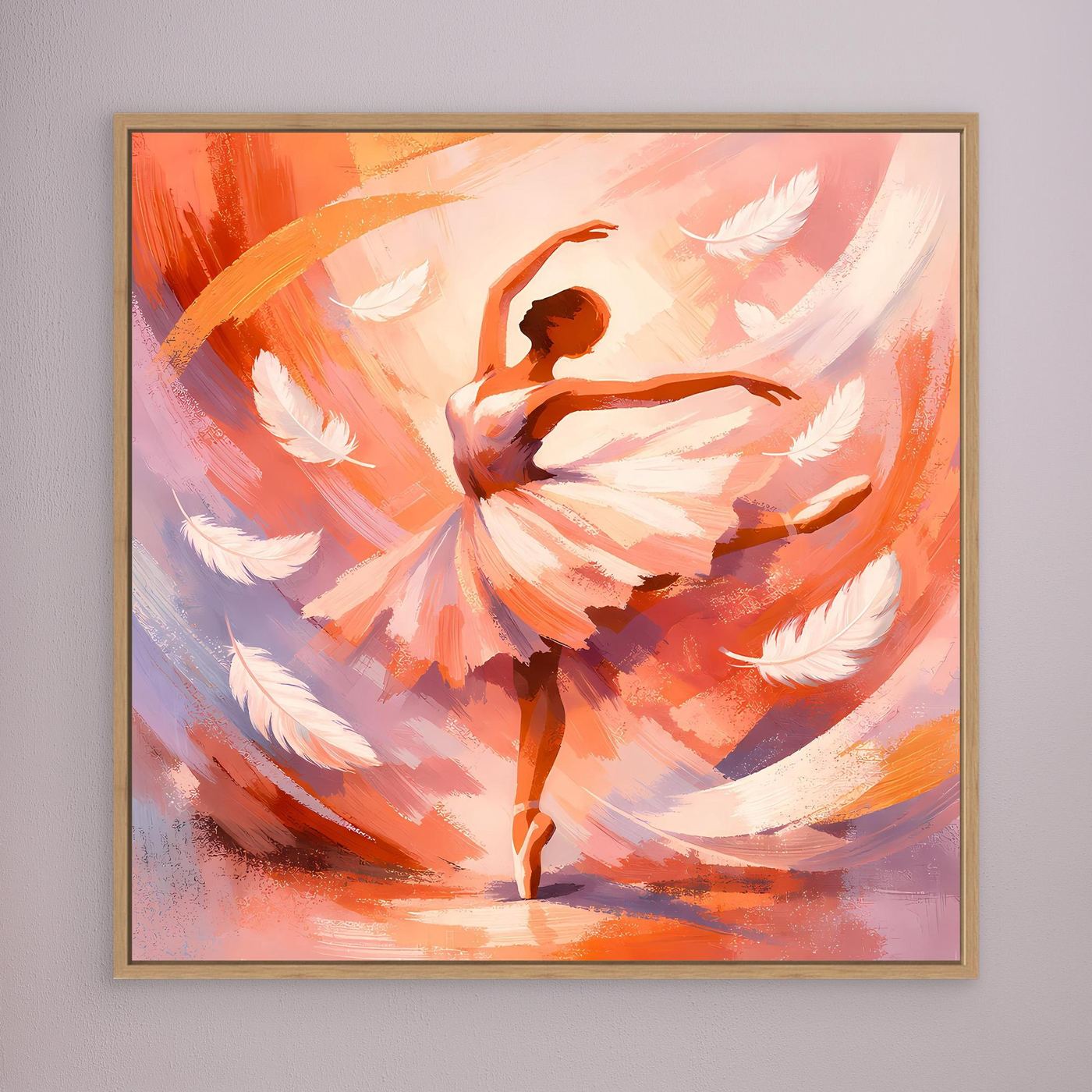 Leinwandbild mit abstrakter Ballerina in warmen Orange- und Rosatönen, Eichenrahmen