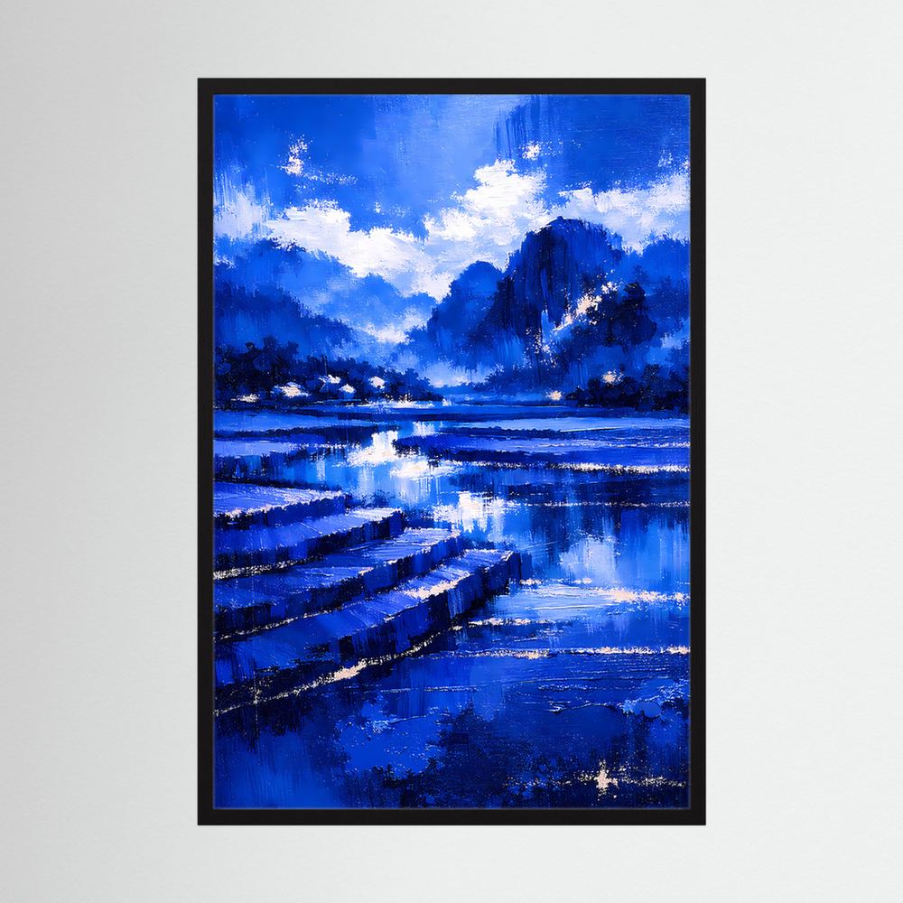 Poster mit blauem Landschaftsmotiv, schwarzer Rahmen, Hochformat mit See und Wolken