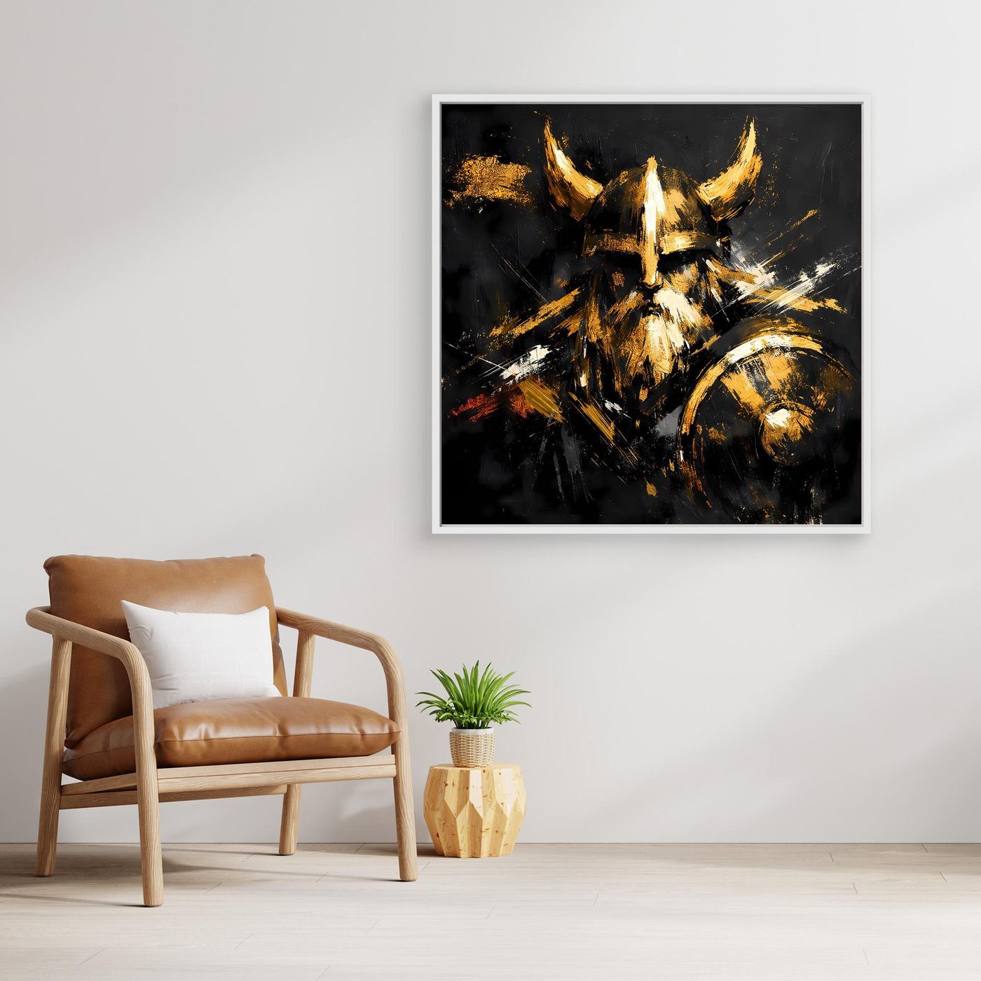 Leinwand Goldener Wikinger mit Schild | Abstraktes Nordmann Wandbild Modern