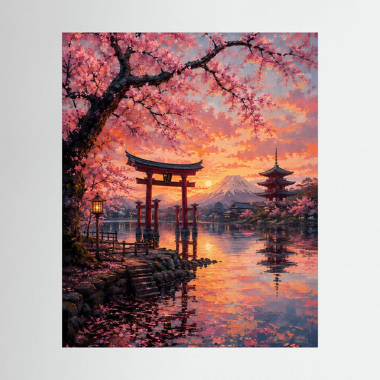Hochformatiges Poster mit japanischem Torii, Kirschblüten, Pagode und Berg im Sonnenuntergang