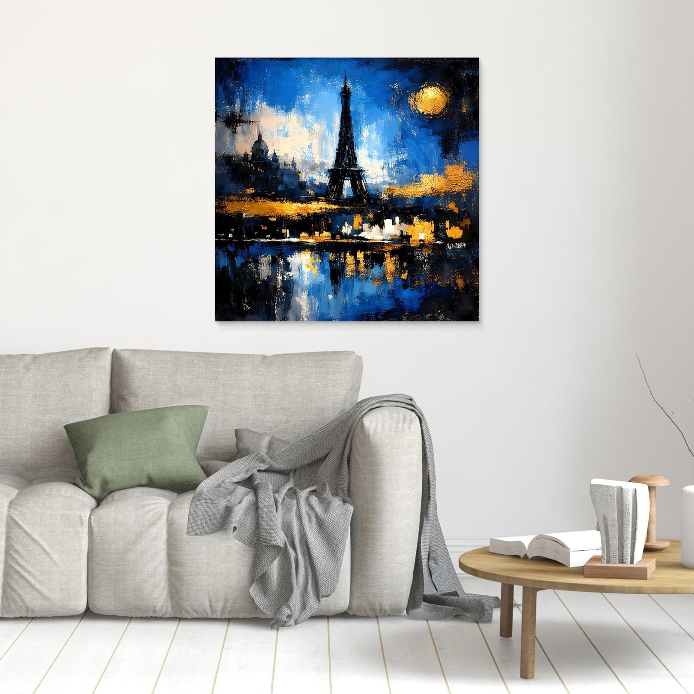 Kleines Leinwand-Wandbild mit Eiffelturm-Silhouette, blauem Nachthimmel und Wasserreflexen