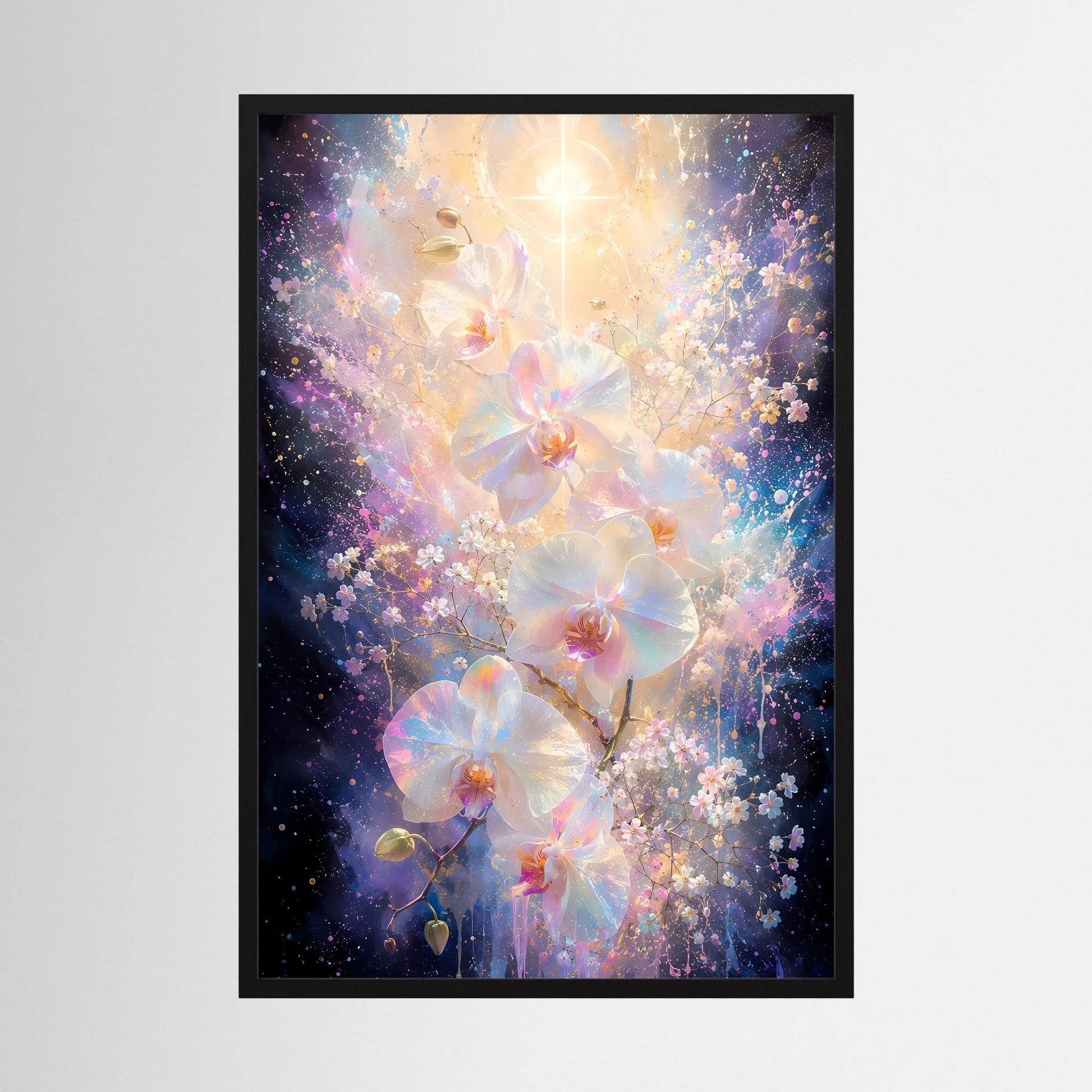 Hochformat-Poster mit weißen Orchideen und goldenem Glanz, schwarzer Rahmen.