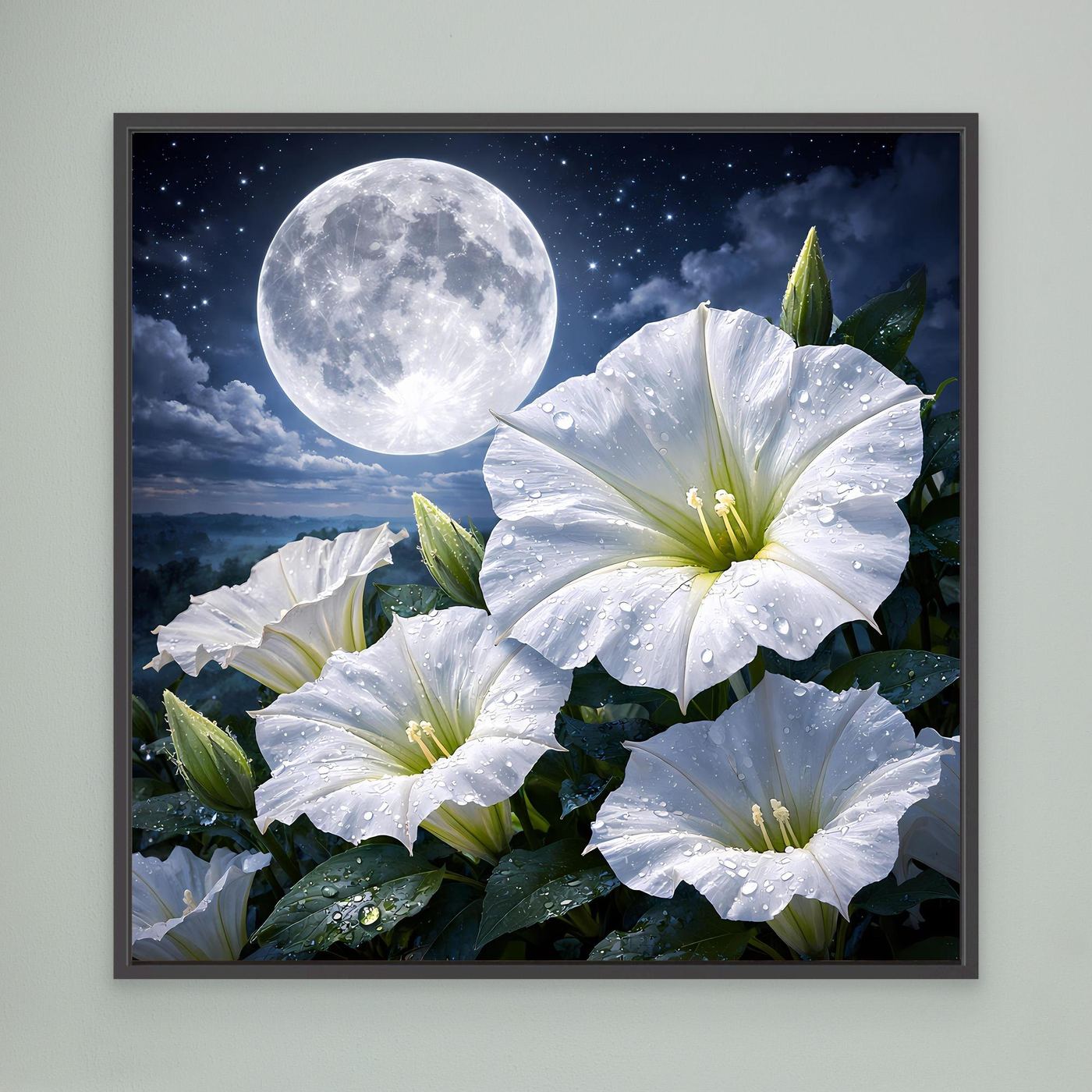 Wandbild auf Leinwand mit weißen Blüten und hellem Mond, schwarzer Rahmen
