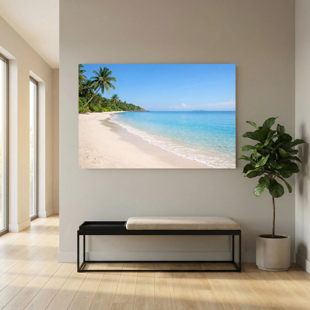 Wandbild mit tropischer Küste, Palmen und blauem Meer im Querformat