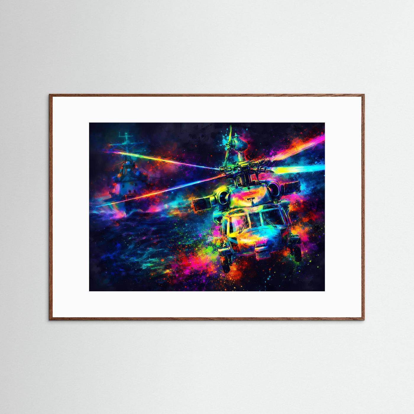 Neon-Helikopter-Abstraktposter im braunen Holzrahmen, Querformat mit farbigem Helikoptermotiv