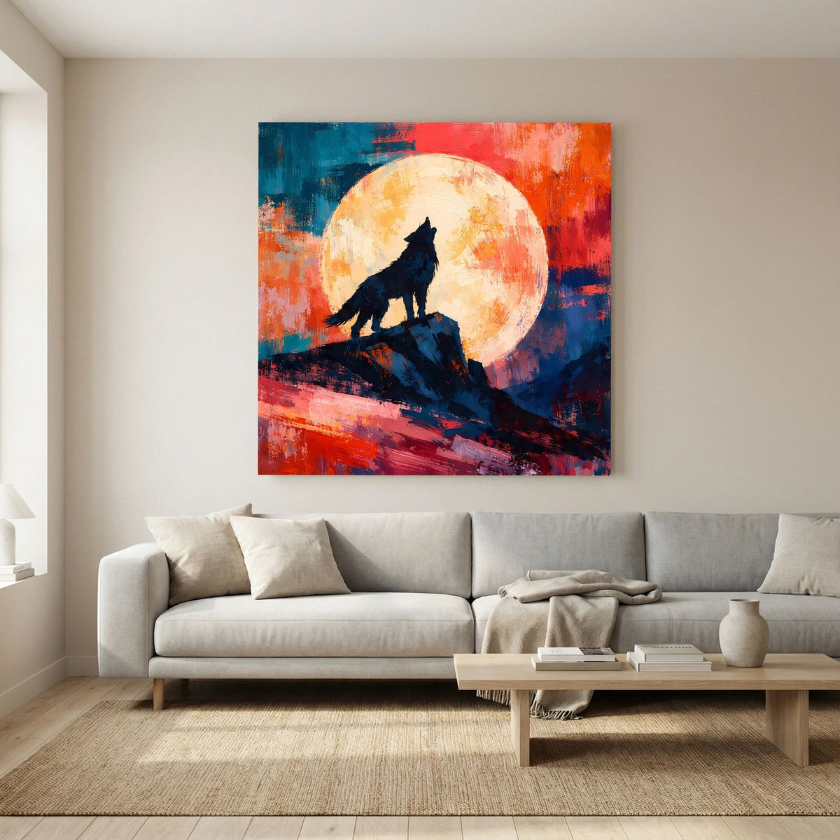 Leinwand Abstraktes Wolf Gemälde | Modernes Mystisches Wandbild Heulender Wolf Vollmond