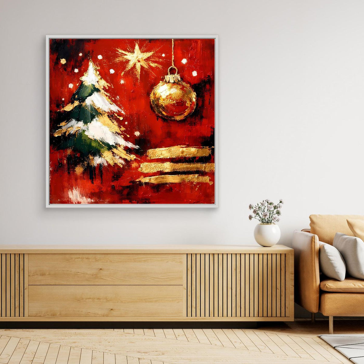 Weiß gerahmtes Leinwand-Wandbild mit abstraktem Weihnachtsbaum in Rot und Gold
