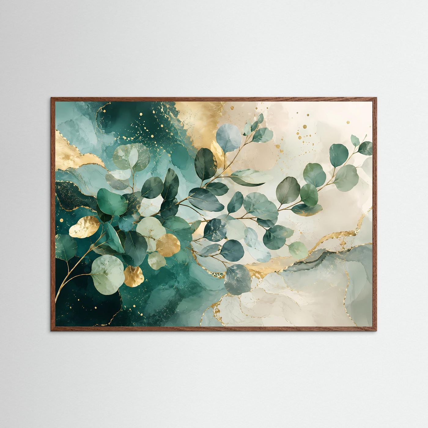 Eukalyptus Blätter Poster Querformat | Abstrakte Botanische Wandkunst in Grün & Gold | Modernes Natur Wandbild